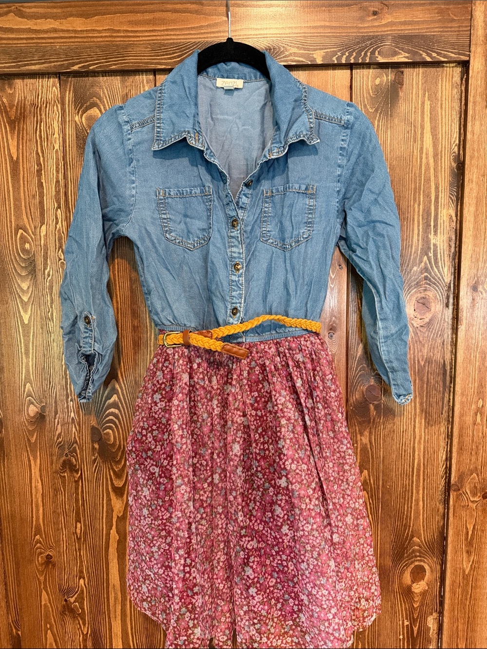 Girls' Chambray Shirt Dress with Pink Floral Skirt